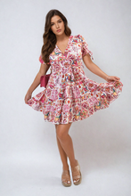 Load image into Gallery viewer, ikrush-delilah-floral-v-neck-tie-waist-mini-dress-1717422630538678.png