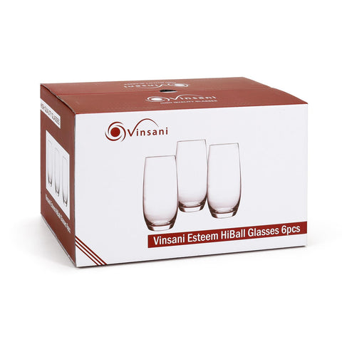 Vinsani Esteem Highball Glasses - Elegant Set of 6 for Drinks & Desserts