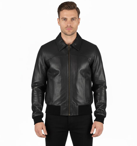 The Deal Mens Black Leather Bomber Jacket