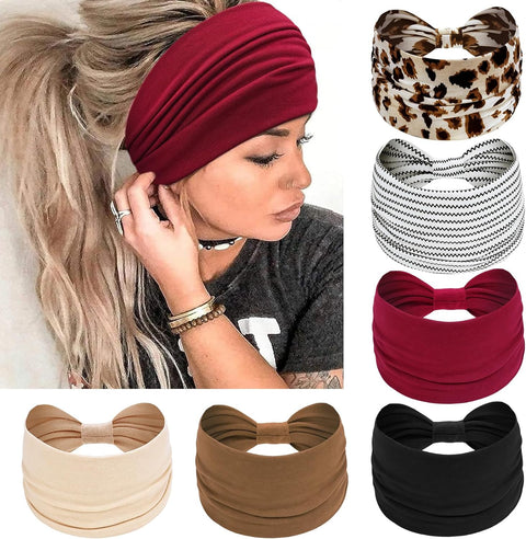 Wide Hair bands for Women Boho Headbands for Women's Hair Elastic Soft 6 Pieces Headband Print Head bands Adult Women Accessories Yoga Sports Hairband Multicoloured Thin Headscarf