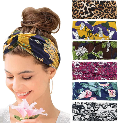 Wide Hair bands for Women Boho Headbands for Women's Hair Elastic Soft 6 Pieces Headband Print Head bands Adult Women Accessories Yoga Sports Hairband Multicoloured Thin Headscarf