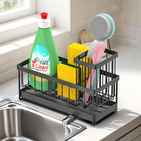 VINSANI Black Sink Sponge Holder: Versatile Kitchen Organizer & Caddy