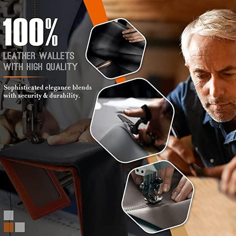 Mens Orange Genuine Leather RFID Blocking Wallet with 11 Card Slots, 2 Banknote Compartments, Coin Pocket
