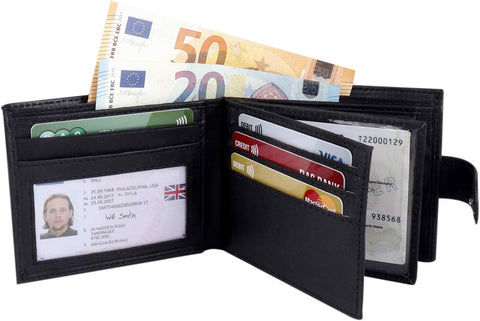 Mens Bifold Black Genuine Leather Wallet with Multiple Card Slots, ID Windows & Coin Pocket