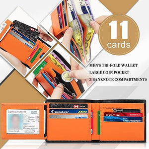 Mens Orange Genuine Leather RFID Blocking Wallet with 11 Card Slots, 2 Banknote Compartments, Coin Pocket
