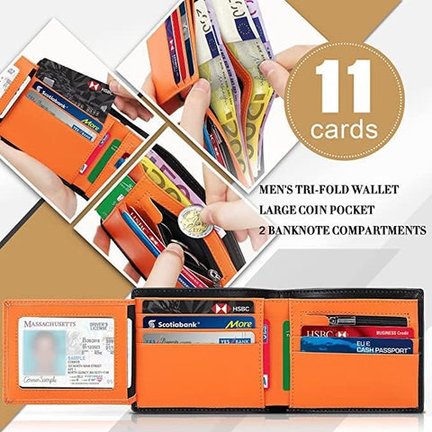 Mens Orange Genuine Leather RFID Blocking Wallet with 11 Card Slots, 2 Banknote Compartments, Coin Pocket