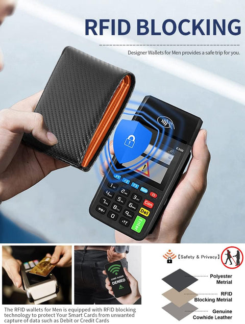 Mens Orange Genuine Leather RFID Tri-Fold Wallet with 14 Card Slots, Coin Pocket and Gift Box
