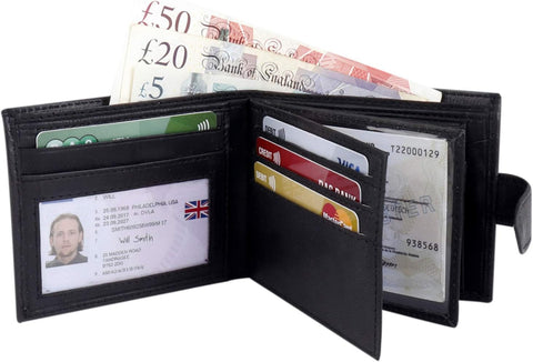 Mens Bifold Black Genuine Leather Wallet with Multiple Card Slots, ID Windows & Coin Pocket