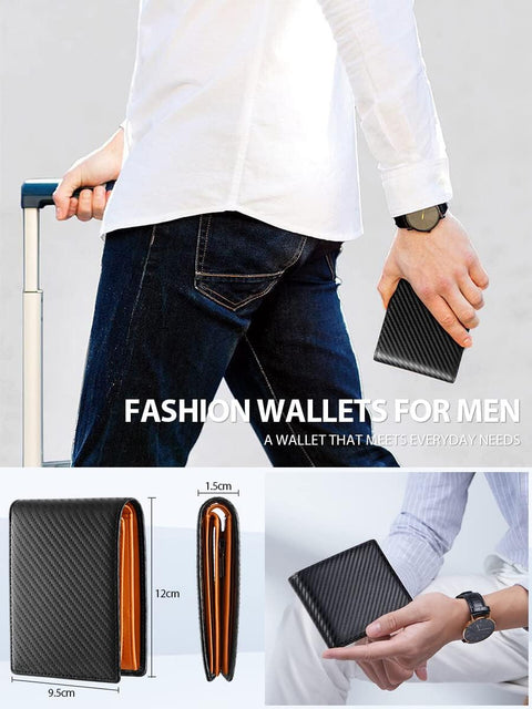 Mens Orange Genuine Leather RFID Tri-Fold Wallet with 14 Card Slots, Coin Pocket and Gift Box