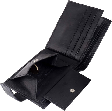 Mens Bifold Black Genuine Leather Wallet with Multiple Card Slots, ID Windows & Coin Pocket