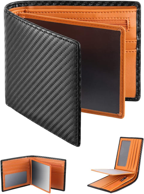 Mens Orange Genuine Leather RFID Tri-Fold Wallet with 14 Card Slots, Coin Pocket and Gift Box