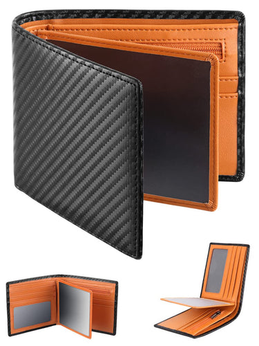 Mens Orange Genuine Leather RFID Tri-Fold Wallet with 14 Card Slots, Coin Pocket and Gift Box