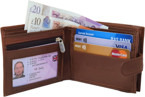 Mens Premium Genuine Black Leather Wallet with External Zipper Coin Pocket