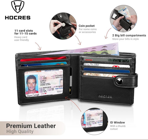 Men's RFID Blocking Leather Wallet with 11 Card Slots, 2 Banknote Compartments, Coin Pocket