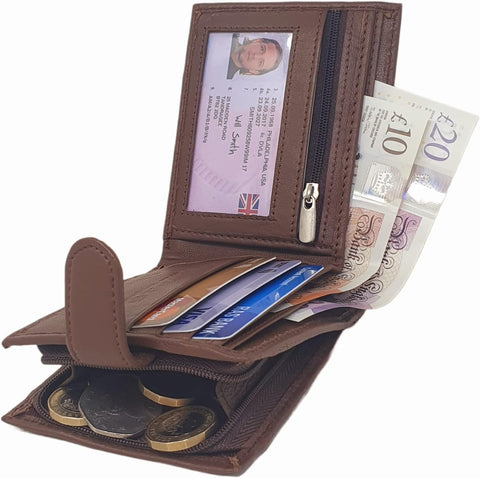 Mens Premium Genuine Black Leather Wallet with External Zipper Coin Pocket