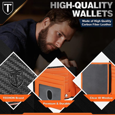 Mens RFID Blocking Trifold Wallet in Black & Orange 9 Card Slots & 2 Banknote Compartments