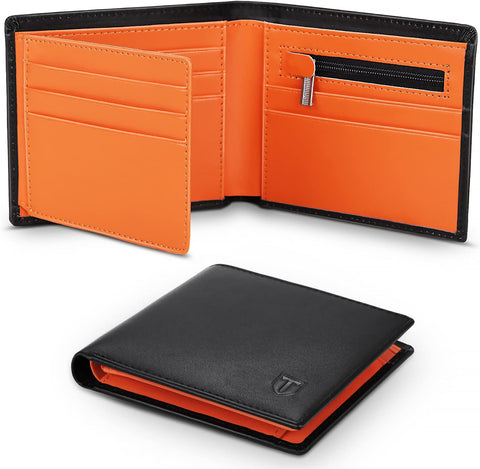 Mens Orange Genuine Leather RFID Blocking Wallet with 11 Card Slots, 2 Banknote Compartments, Coin Pocket