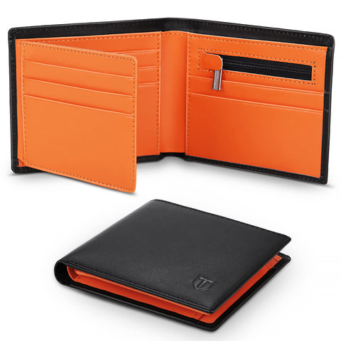 Mens Orange Genuine Leather RFID Blocking Wallet with 11 Card Slots, 2 Banknote Compartments, Coin Pocket