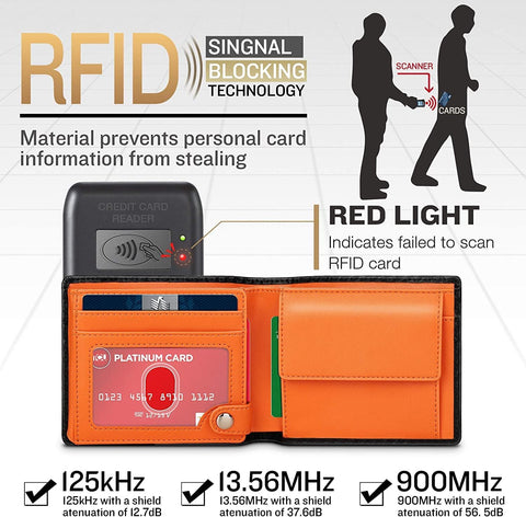 Mens RFID Blocking Trifold Wallet in Black & Orange 9 Card Slots & 2 Banknote Compartments