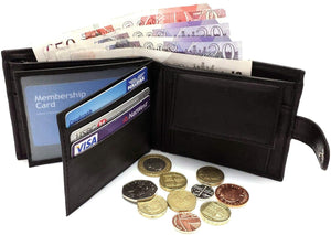 Mens Carbon Black RFID Blocking Tri-Fold Leather Wallet with Card Slots & Coin Pocket