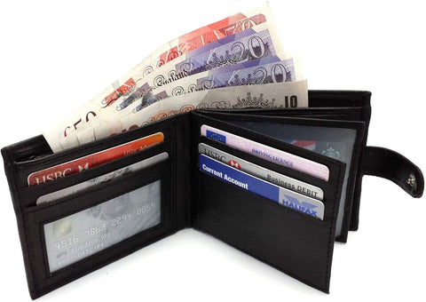 Mens Carbon Black RFID Blocking Tri-Fold Leather Wallet with Card Slots & Coin Pocket