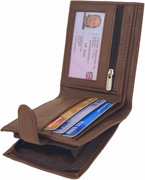 Mens Premium Genuine Black Leather Wallet with External Zipper Coin Pocket