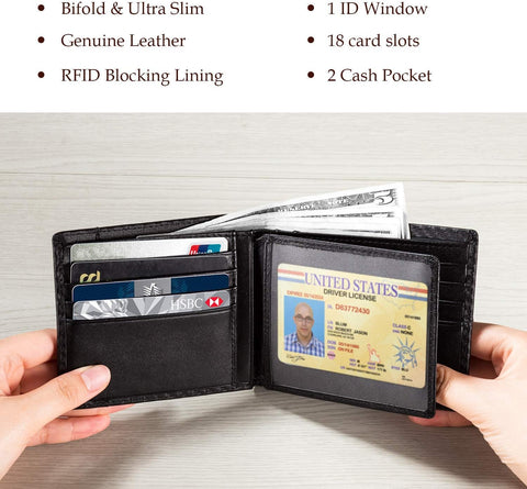 RFID Leather Bifold Wallet for Men with ID Window and Card Holders