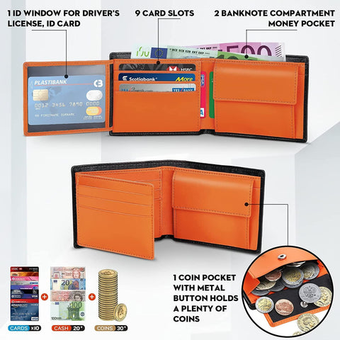 Mens RFID Blocking Orange Leather Wallet with Coin Pocket & Key Holder, 10 Card Slots