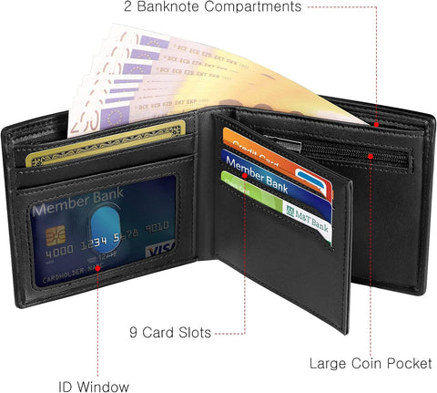 Men's RFID Blocking Leather Bifold Wallet with ID Window Zip Coin Pocket 9 Card Holder