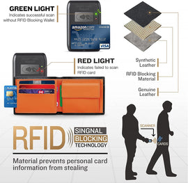 Mens RFID Blocking Orange Leather Wallet with Coin Pocket & Key Holder, 10 Card Slots