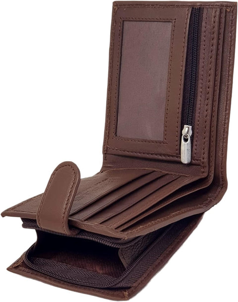 Mens Premium Genuine Black Leather Wallet with External Zipper Coin Pocket