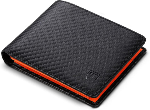 Mens RFID Blocking Trifold Wallet in Black & Orange 9 Card Slots & 2 Banknote Compartments