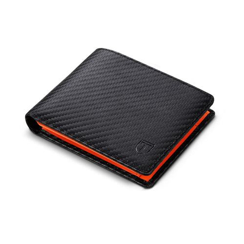 Mens RFID Blocking Trifold Wallet in Black & Orange 9 Card Slots & 2 Banknote Compartments