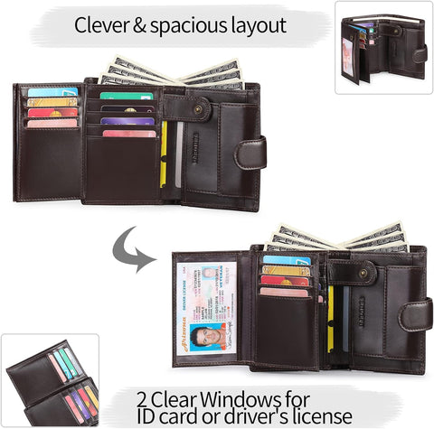 Multifunctional Men's RFID Blocking Leather Wallet with Trifold Design - Brown