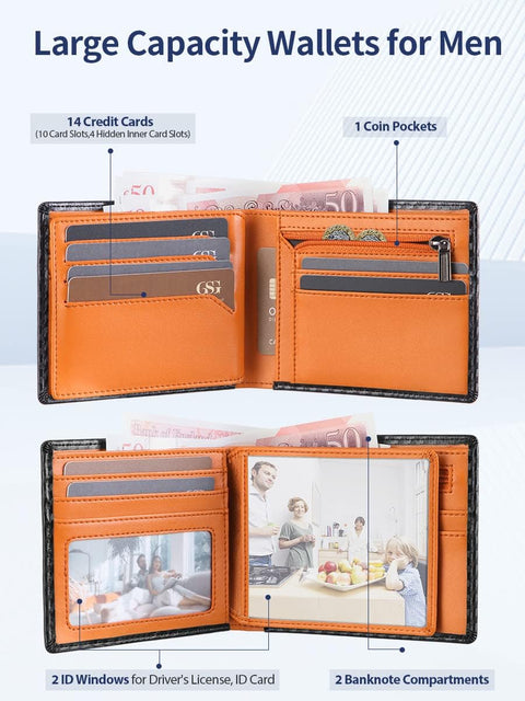 Mens Orange Genuine Leather RFID Tri-Fold Wallet with 14 Card Slots, Coin Pocket and Gift Box