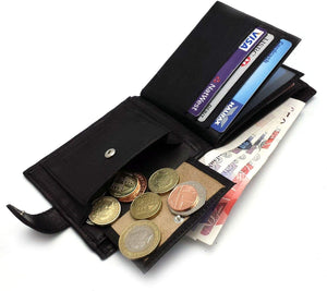 Mens Carbon Black RFID Blocking Tri-Fold Leather Wallet with Card Slots & Coin Pocket