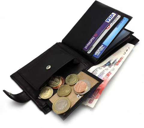 Mens Carbon Black RFID Blocking Tri-Fold Leather Wallet with Card Slots & Coin Pocket