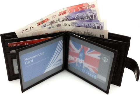 Mens Carbon Black RFID Blocking Tri-Fold Leather Wallet with Card Slots & Coin Pocket
