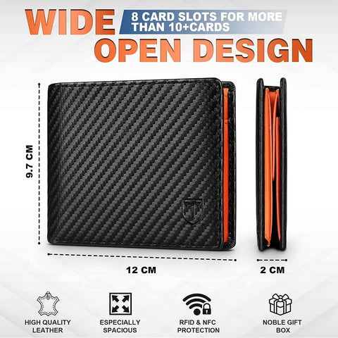 Mens RFID Blocking Trifold Wallet in Black & Orange 9 Card Slots & 2 Banknote Compartments