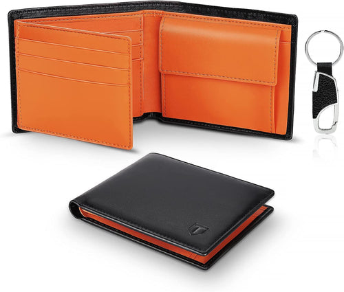 Mens RFID Blocking Orange Leather Wallet with Coin Pocket & Key Holder, 10 Card Slots