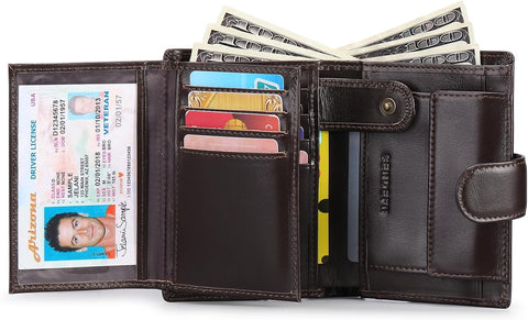 Multifunctional Men's RFID Blocking Leather Wallet with Trifold Design - Brown