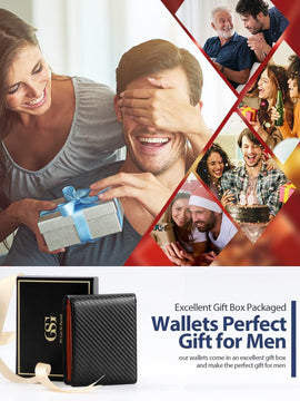 Mens Orange Genuine Leather RFID Tri-Fold Wallet with 14 Card Slots, Coin Pocket and Gift Box