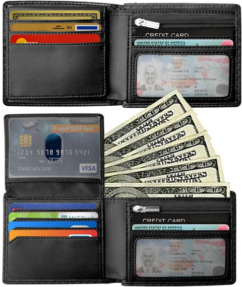 Mens Flip Bifold RFID Blocking Slim Fiber PU Leather Wallet With 2 ID Window