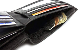 Mens Carbon Black RFID Blocking Tri-Fold Leather Wallet with Card Slots & Coin Pocket