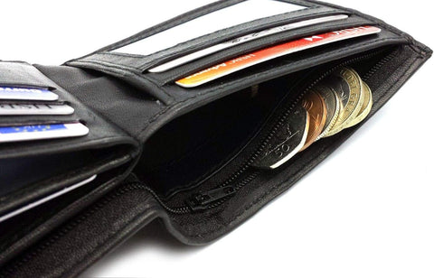 Mens Carbon Black RFID Blocking Tri-Fold Leather Wallet with Card Slots & Coin Pocket