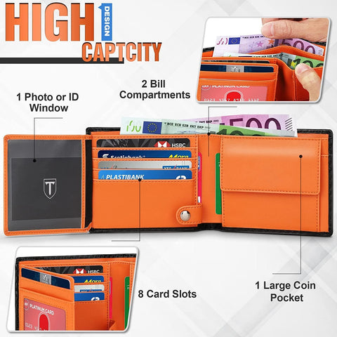 Mens RFID Blocking Trifold Wallet in Black & Orange 9 Card Slots & 2 Banknote Compartments