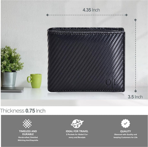 Men's Classic Black Minimalist Bifold Leather Wallet with RFID Protection & 9 Credit Card Slots