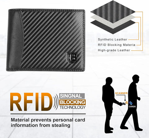 Men's RFID Blocking Leather Bifold Wallet with ID Window Zip Coin Pocket 9 Card Holder