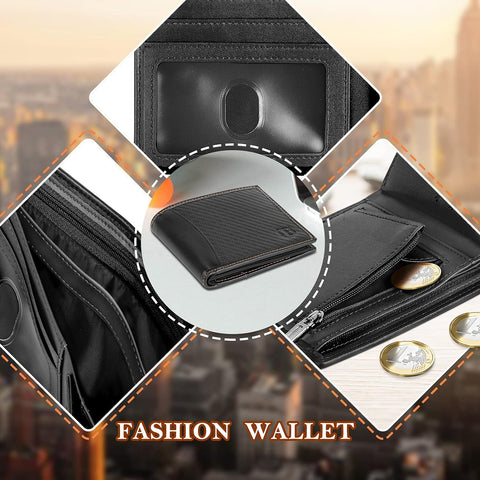 Men's RFID Blocking Leather Bifold Wallet with ID Window Zip Coin Pocket 9 Card Holder