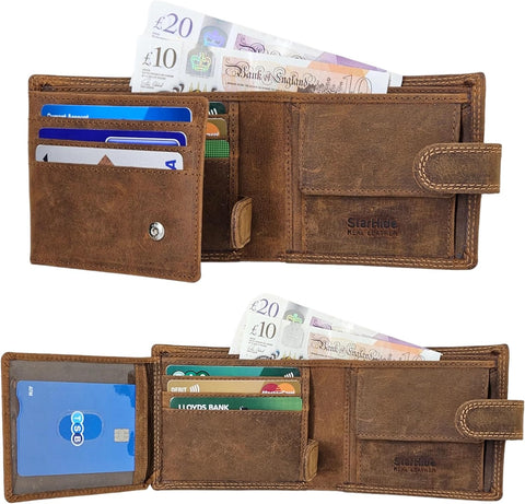Mens Distressed Brown Leather RFID Blocking Wallet with Coin, ID Holder